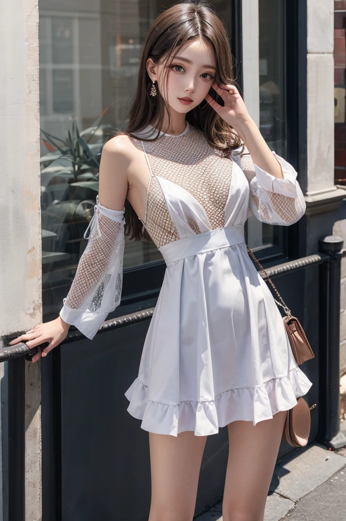 (Big saggy breasts: 1.2), slender body, brown hair、dull bangs、((straight hair))、sexy maid outfit、frilly maid headband、apron mini skirt、knee high socks with frills、(Tight long satin gloves)、Fair skin、sexy pose、fantastic night city、A cafe crowded with people、cute smile, ((lift up the hem of the skirts:1.2))