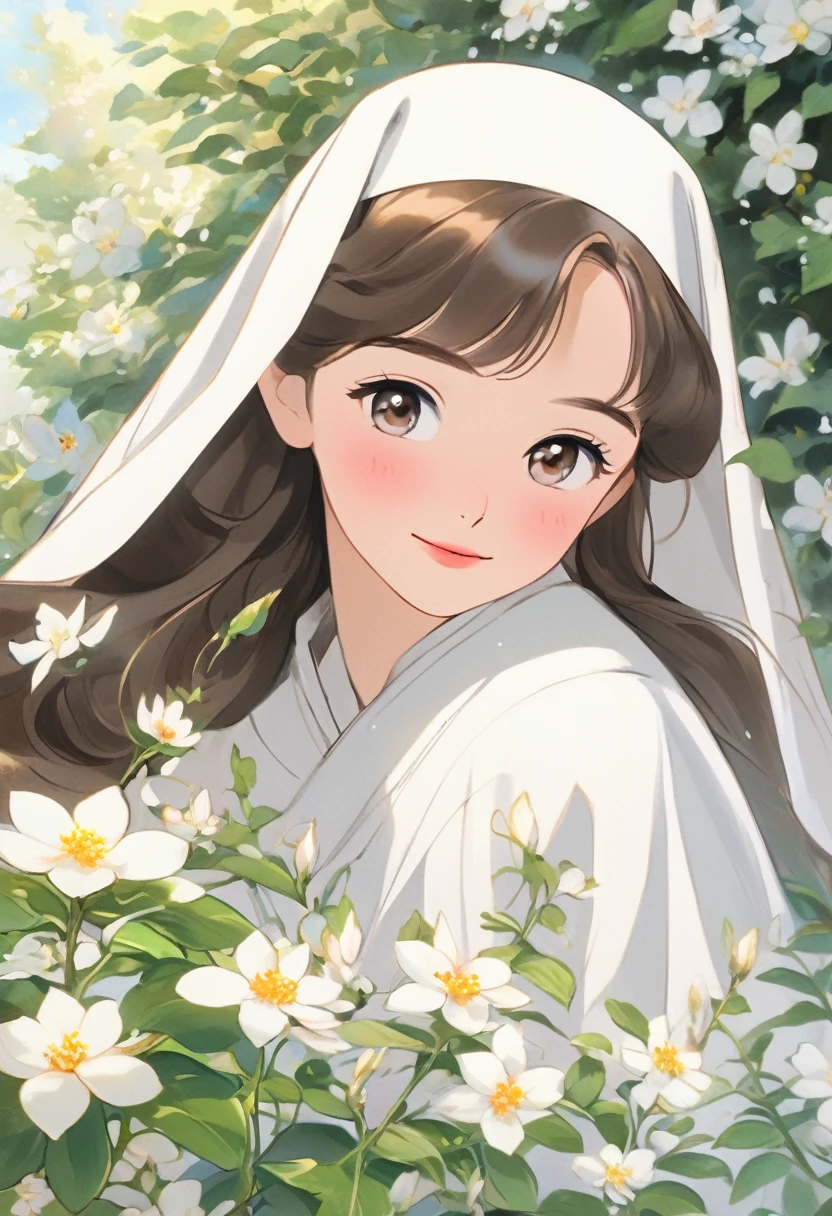 Very detailed,(((((ultra detailed face))))),best quality, 8K, (soft Light), Light, ((soft focus)),((Nuns)), facing the camera,Long brown hair ,almond eye, fluffy hair,((forehead)),((monastery)),((gardening,garden)),((Cultivation)),Flower basket,elegant, Comfortable, Clean and detailed anime art, Trending on artstart,((milky pastel theme)), illuminate warmly, big smile,((happiness)),make up,thank you!