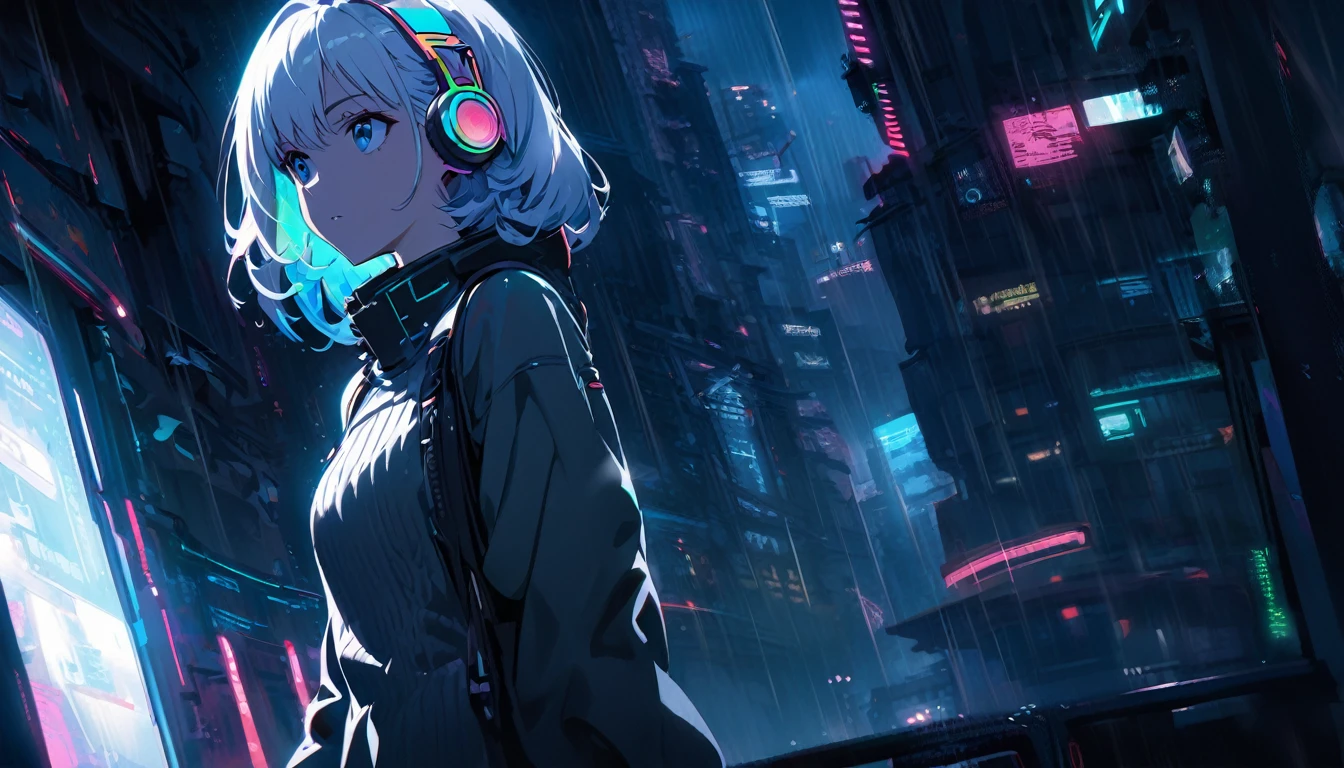 Handsome cute, Solitary, 1 female, Medium Length Hair, white hair, Rainbow hair, blue Eyes, Rainbow headphone, knit dress, Futuristic, Cyberpunk, Cybernetics panoramic, in the night, looking away, rain,
