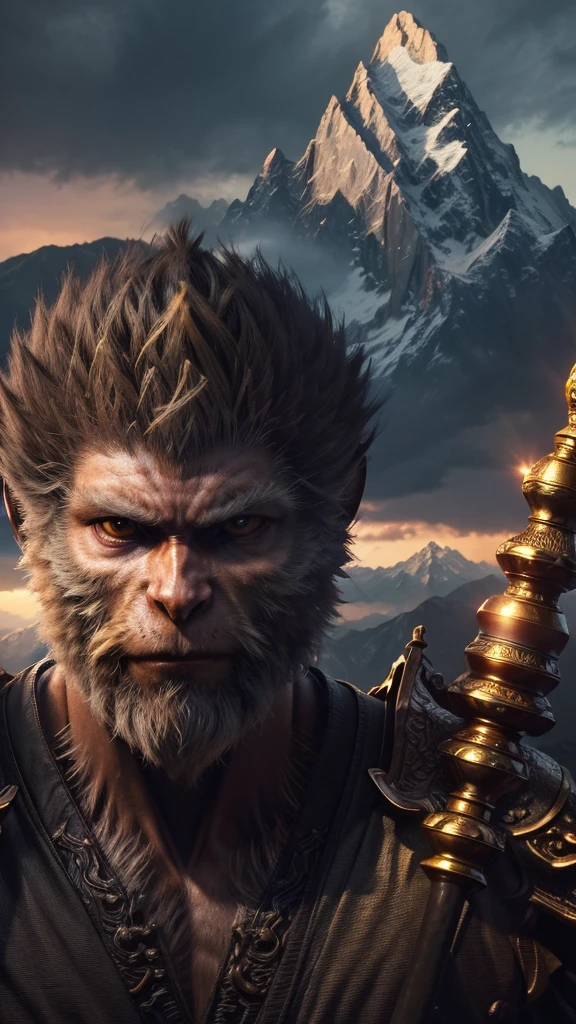 (((best quality))),(((Super detailed))),(((masterpiece))),illustration,wukong \(black myth\) ,determined face,Glowing eyes,golden staff,mountain peak,craggy mountains,Sunlight,Clouds,close up,heroic gesture