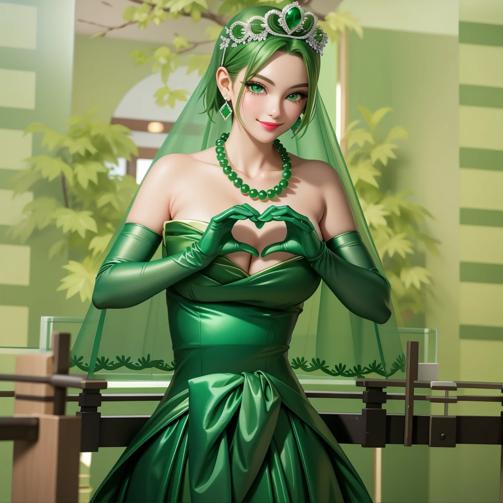 Emerald tiara, Green Pearl Necklace, ボーイッシュな非常に短いGreen Hair, Green Lips, Smiling Japanese woman, Very short hair, Busty beautiful lady, Green Eyes, Green satin long gloves, Green Eyes, Emerald Earrings, Green veil, Heart with both hands, Green Hair, Beautiful Japanese Woman, Heart shaped hands:1.3, green lip gloss