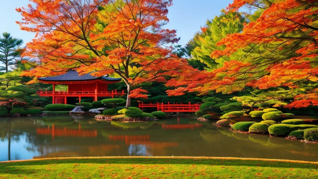 A minimalist autumn scene depicting a traditional Japanese garden from the samurai era. The image features vibrant red and orange maple trees, a serene koi pond with a wooden bridge, and a simple traditional house with shoji doors. A Torii gate stands in the background amidst a light mist, enhancing the tranquil atmosphere. The composition uses clean lines and a muted color palette with accents of fall colors to evoke a peaceful and reflective environment.