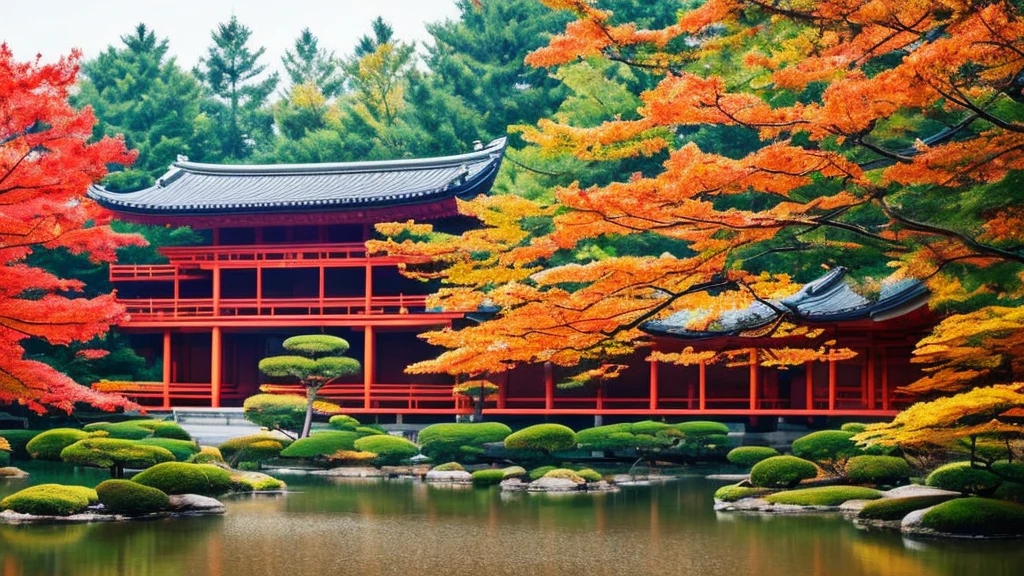 A minimalist autumn scene depicting a traditional Japanese garden from the samurai era. The image features vibrant red and orange maple trees, a serene koi pond with a wooden bridge, and a simple traditional house with shoji doors. A Torii gate stands in the background amidst a light mist, enhancing the tranquil atmosphere. The composition uses clean lines and a muted color palette with accents of fall colors to evoke a peaceful and reflective environment.
