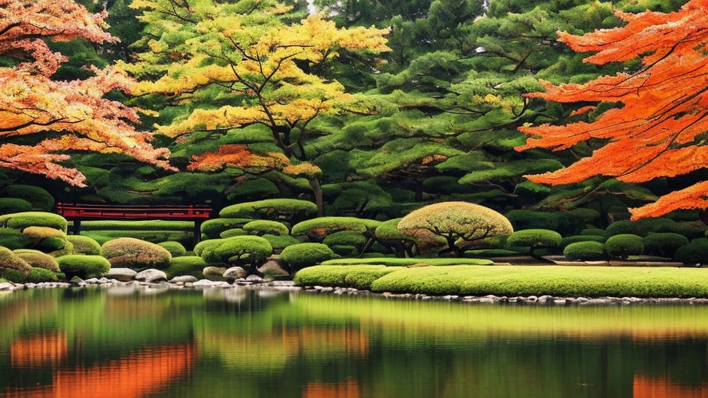 A minimalist autumn scene depicting a traditional Japanese garden from the samurai era. The image features vibrant red and orange maple trees, a serene koi pond with a wooden bridge, and a simple traditional house with shoji doors. A Torii gate stands in the background amidst a light mist, enhancing the tranquil atmosphere. The composition uses clean lines and a muted color palette with accents of fall colors to evoke a peaceful and reflective environment.