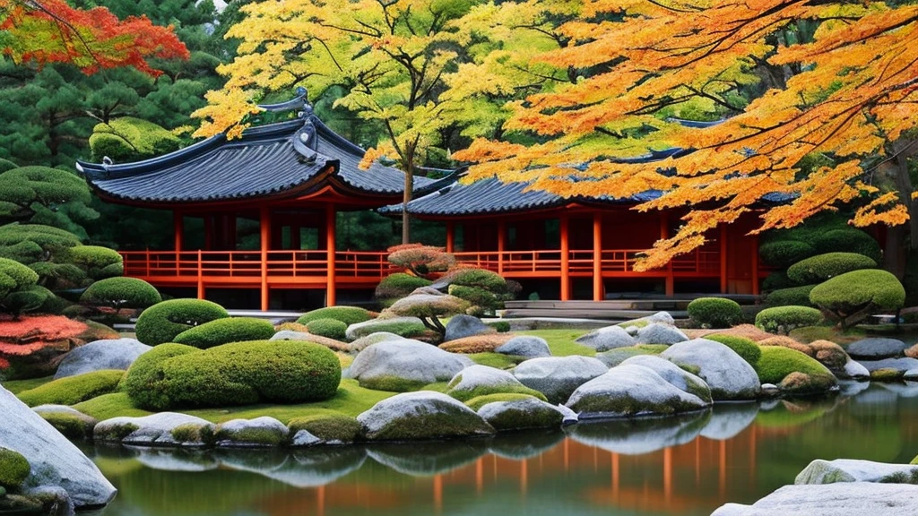 A minimalist autumn scene depicting a traditional Japanese garden from the samurai era. The image features vibrant red and orange maple trees, a serene koi pond with a wooden bridge, and a simple traditional house with shoji doors. A Torii gate stands in the background amidst a light mist, enhancing the tranquil atmosphere. The composition uses clean lines and a muted color palette with accents of fall colors to evoke a peaceful and reflective environment.