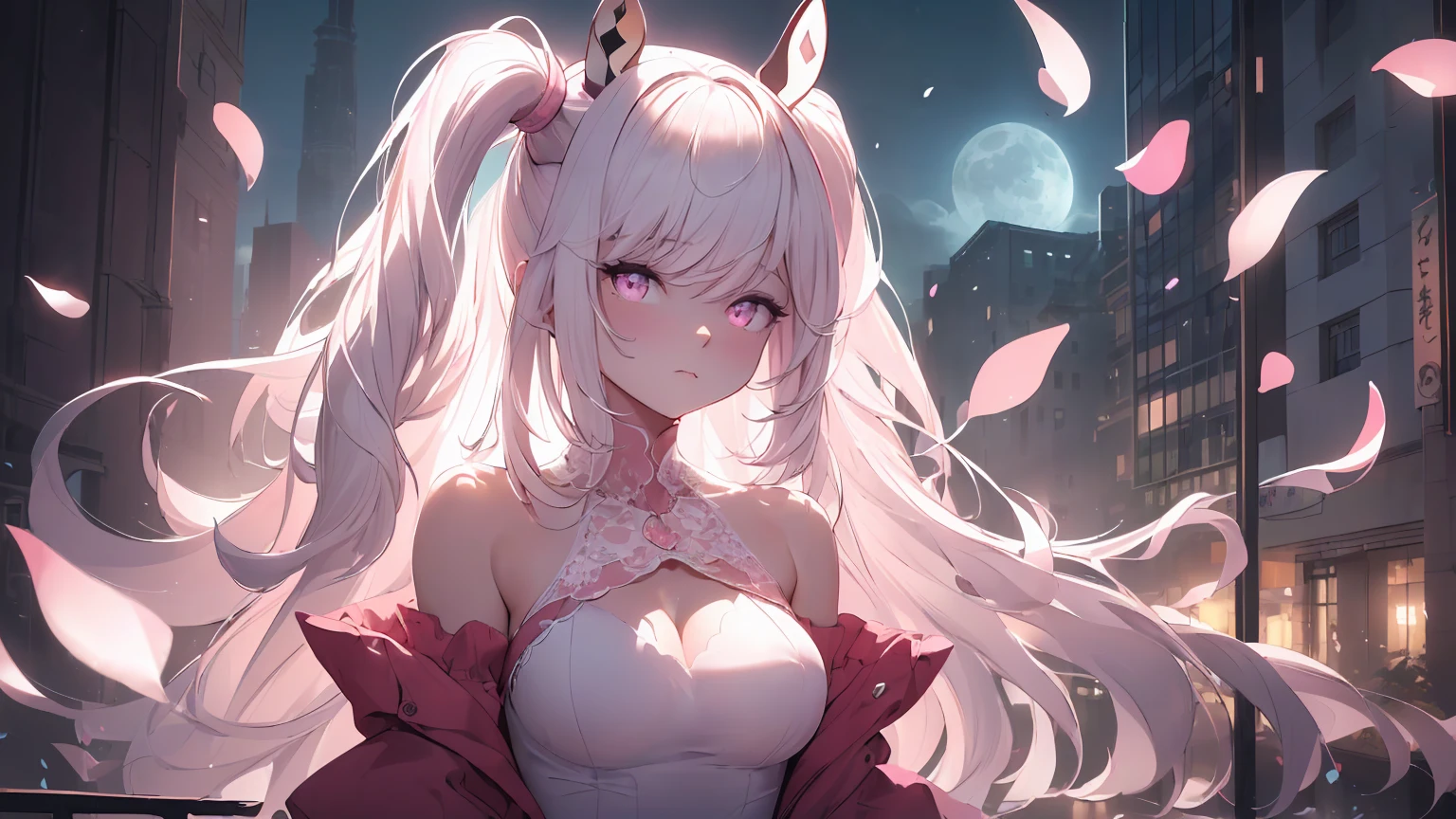 ((((Obra maestra, La mejor calidad, ultrahigh resolution)))), 1girl, standing,), ((long pure pink hair, hair over eye)), long hair cut, shiny skin, ((pink eyes)), glowing_eyes, neon eyes, (ultra detailed eyes:0.7, beautiful and detailed face, detailed eyes:0.9), ((centered)), smirk, facing viewer, ((vibrant background, dark lighting, summer, sunlight)), large chested, looking at viewer, ((half closed eyes)), ((perfect hands)), (((head:1, arms, hips in view, elbows, in view))), ((hands behind back)), empty eyes, beautiful lighting, ((outside, outdoors)), defined subject, head tilt, (((gritty)), ((creepy)), ((cool)), ((beautiful)), (((SFW))), horns, hair ornament, petals in the air, moon in the sky, city, mature woman, adult woman, sfw, pink and white dress, night dress, bunny ears, she is a princess