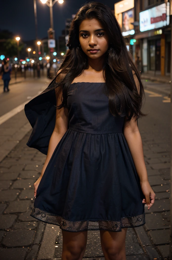arafed woman in a dress standing on a city street at night, indian girl with brown skin, indian, mid shot portrait, 7 0 mm portrait, 60mm portrait, taken with canon 5d mk4, portrait soft low light, beautiful young woman, young beautiful woman, with long hair, shot with canon eoa 6 d mark ii
