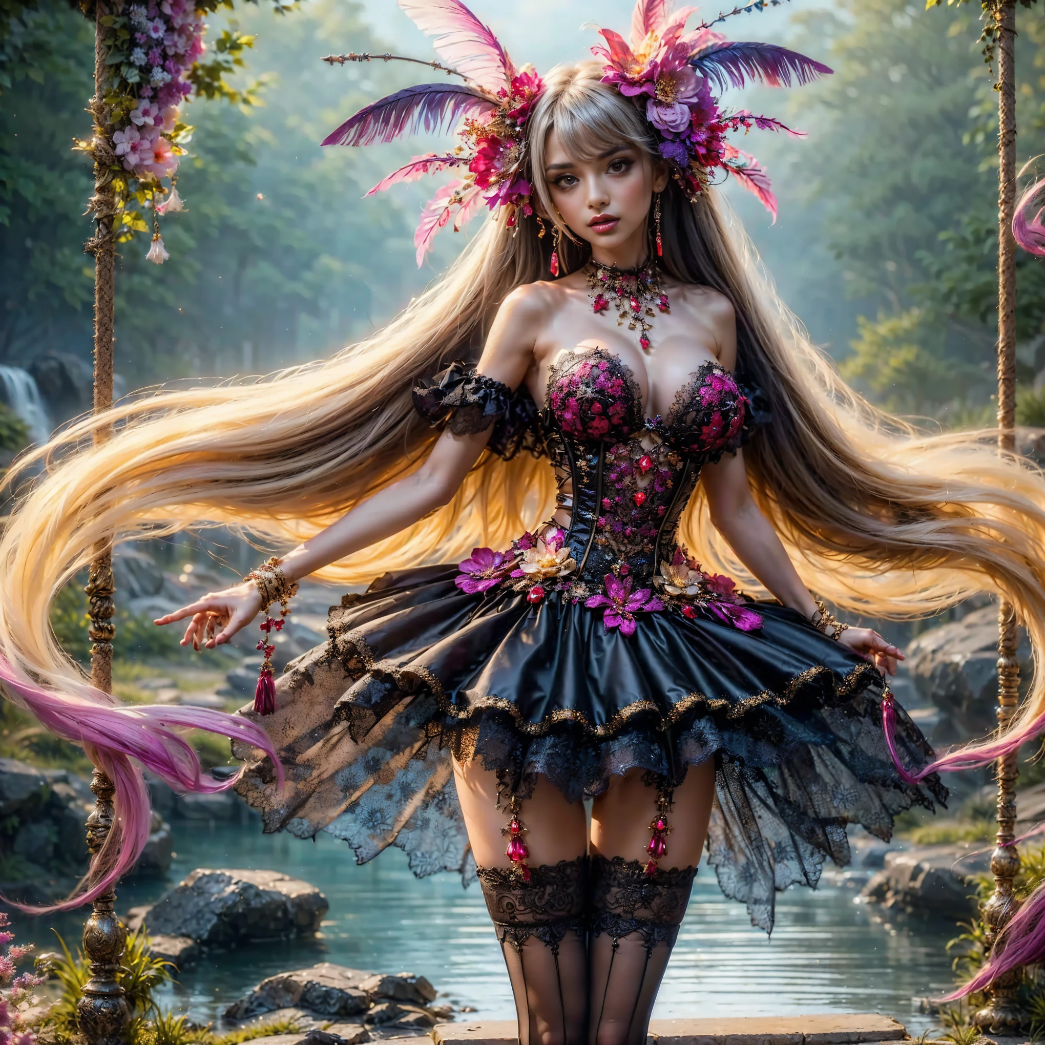 An asian woman with loose hair, standing on the stairs in the middle of a magical atmosphere, with a predominantly black and purple costume, a strapless corset-style dress decorated with bright purple jewels, a short tutu skirt, black thigh-high stockings with lace tops and ornaments purple jewels, white high heels with gold decoration, grand staircase background under mysterious sky full of stars and celestial bodies, crystal detailed, hyper realistic, hyper detail Transparent clothing, Detailed gemstones, masterpiece, best quality:1.2),,(8k,highres,RAW photo,realistic,photo-realistic:1.3),(detailed skin texture,detailed cloth texture, beautiful detailed face:1.25),professional lighting,photon mapping,beautiful soft light,radiosity,physically-based rendering,raytracing, model shoot style, model shoot style, (extremely detailed CG unity 8k wallpaper), full shot body photo of the most beautiful artwork in the world (NSFW), (Nude), (Naked), (Nipple) (pussy) (small pussy) (exposed pussy) (Navel)