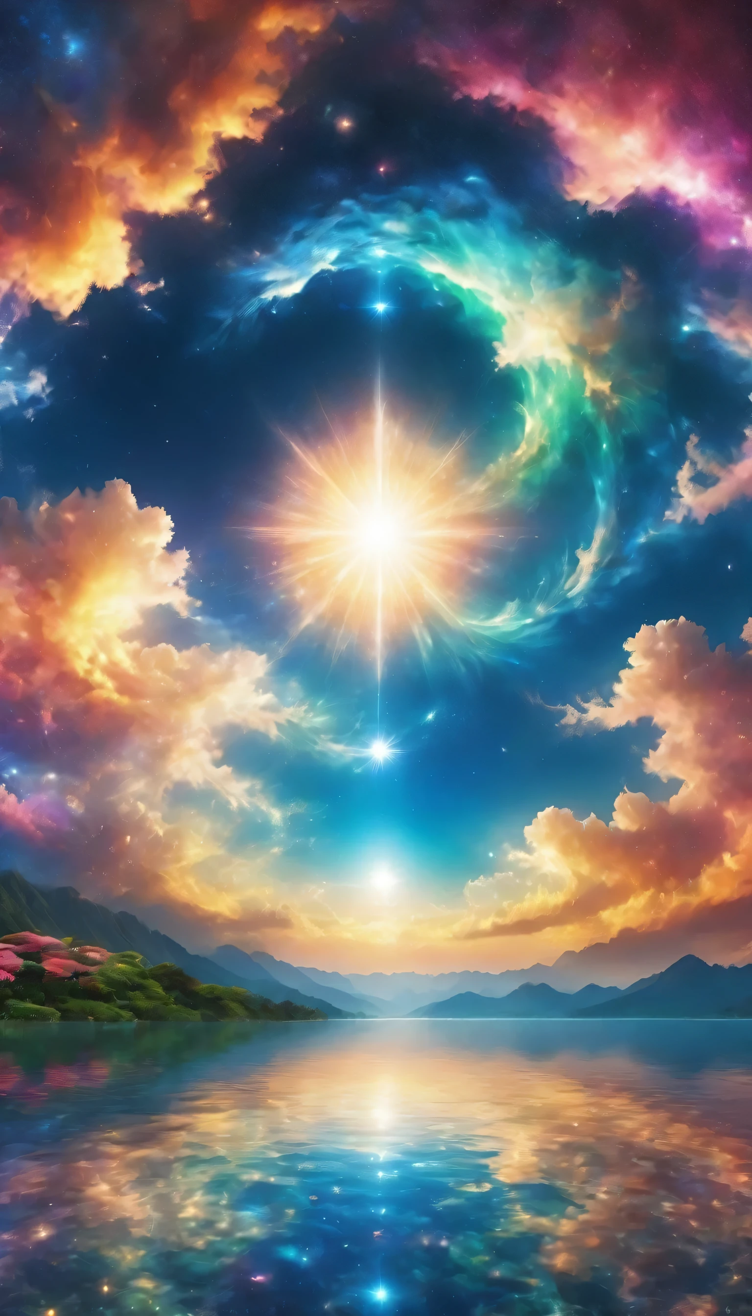 (8K, best quality, masterpiece, Final fantasy style: 1.2), (unrealistic, Reality: 1.37), (Thousand-armed Avalokitesvara Bodhisattva stands by the lake, Huge bouncing boobs, Let the light envelop your whole body:1.1), Dreamy Landscape, fantasy, Unrealistic scenery, Very detailed, Floating island in the air, Seven colors light vortex, (Meteorのgentlemen.A shining bird flying in the sky, Flowers, birds, Wind and Moon, Wind forest volcano:1.3), Aurora, Strong lightning, Milky Way, Complex lighting, gentlemen.々Colored Light, Great Lake, Starry sky reflected in the lake, Countless shining stars, Meteor, 许多Meteor, Halation, (A beam of light emanated from the ground:1,2), Complex sentences gentlemen.Magic Circle, Buddhist mandalas