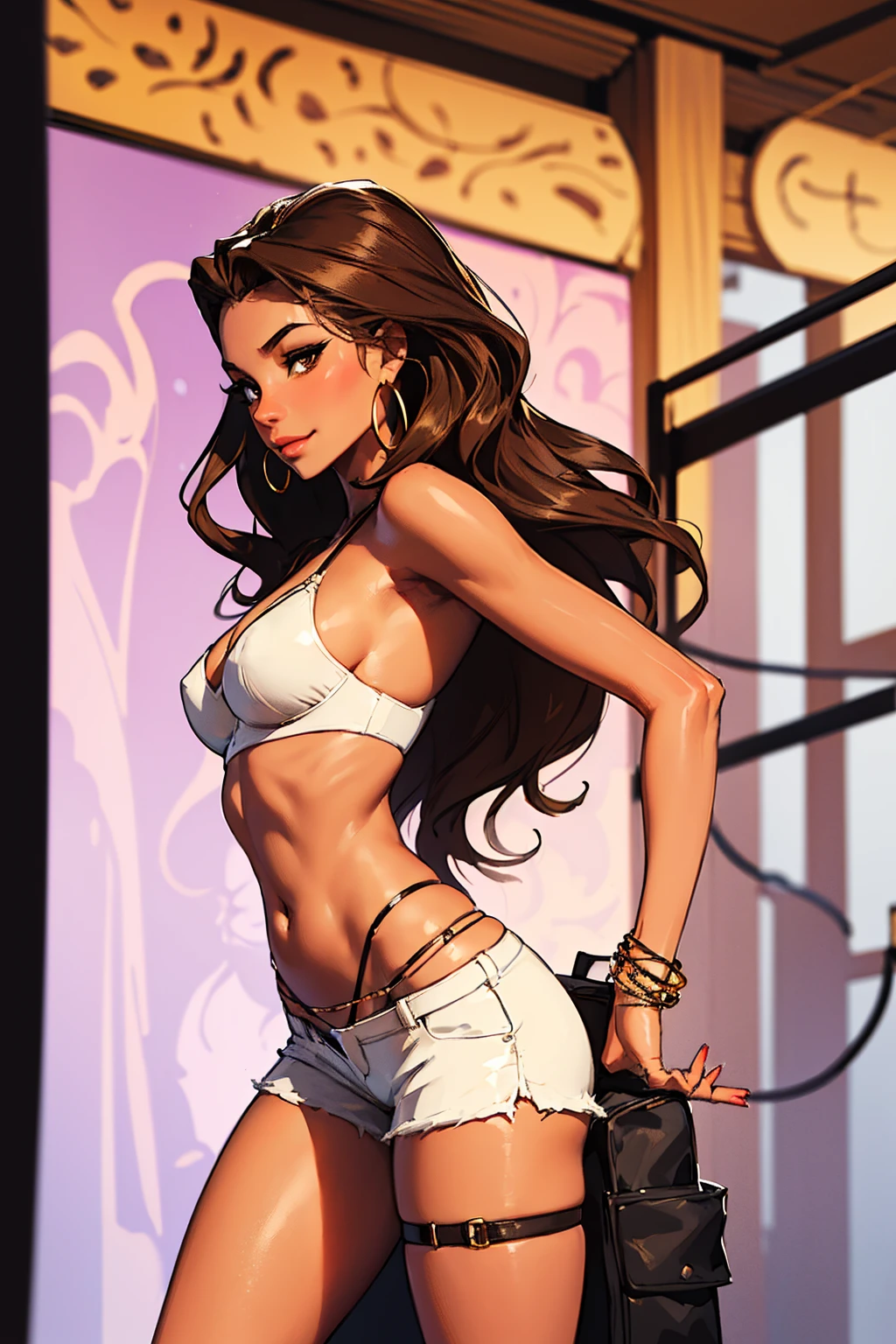 (masterpiece), best quality, expressive eyes, perfect face, nightclub background), (standing), (smirk), (closeup view), (1girl, vanessa alessia, dark skin, tanned skin, brown hair, wavy hairstyle, brown eyes, hourglass figure, thin body, skinny body, petite_body, medium , thick thighs, long fingernails, ,white shorts, cheetah print corset, thong straps, hoop earrings, miscellaneous jewelry, slutty)) (grabbing own ass)