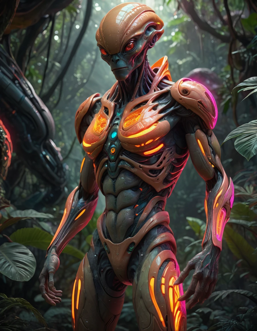 Title waist image muted photo above "Male futuristic alien creature in bright neon lava colors in the jungle" Calm colors合い,(Ivan Albright:1.2), Calm colors, detailed, 8K, Ultra-high resolution, 8K, Unreal Engine 5, Ultra-sharp focus, An exquisite masterpiece of art, Unlucky, Golden Ratio, 非常にdetailedな, Vibrant, Production Movie Character Rendering, Super high quality model, Space light in the back front