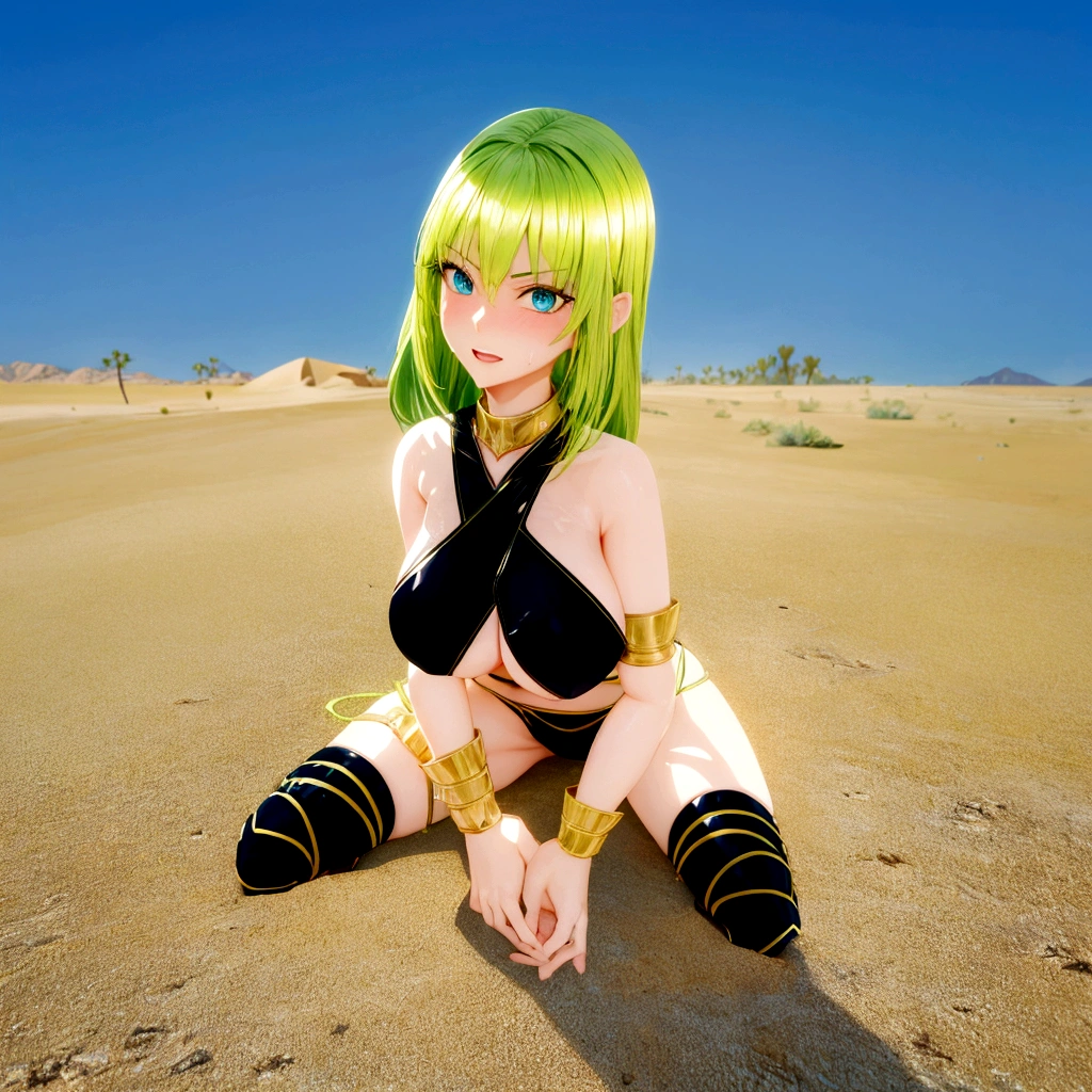 Sweating、Blue Eyes、Green haired anime girl in bikini sitting on the beach, In the desert, Sexy reptilian humanoid woman, Cute 3D anime girl render, Somewhere in the desert, Blonde emerald warrior, Anime girl crouching, On the sandに横たわる, In the desert, On the sand, Anime-style 3D, Green skin!!