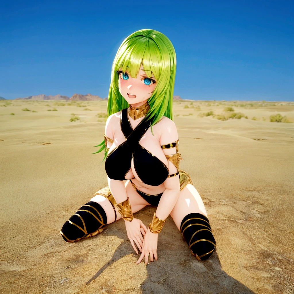 Sweating、Blue Eyes、Green haired anime girl in bikini sitting on the beach, In the desert, Sexy reptilian humanoid woman, Cute 3D anime girl render, Somewhere in the desert, Blonde emerald warrior, Anime girl crouching, On the sandに横たわる, In the desert, On the sand, Anime-style 3D, Green skin!!