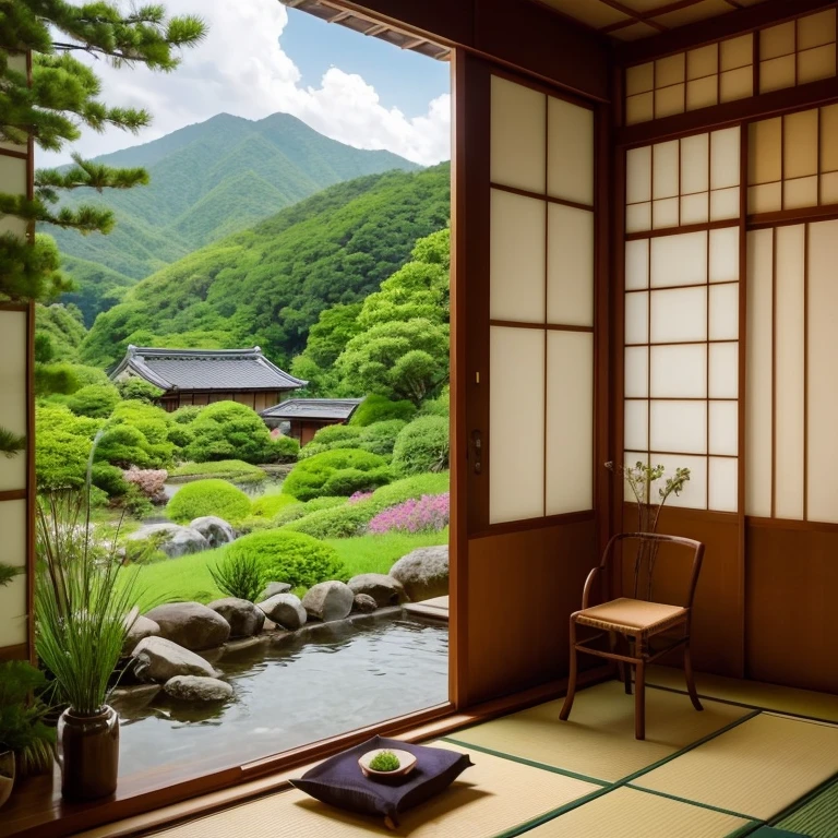 There is a chair in front of the window, Japanese countryside, Inspired by Sesshu Toyo, Japanese countryside, Japanese countryside, Japan Countryside Travel, relax time. Nice view, :: morning, Luxury hot spring, Inspired by Domoto Impression, Japanese hot springs, Japanese House, Lush Japanese landscape、Makoto Shinkai style、Painting