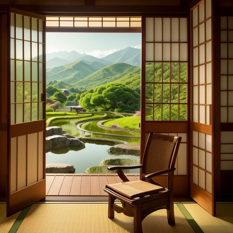 There is a chair in front of the window, Japanese countryside, Inspired by Sesshu Toyo, Japanese countryside, Japanese countryside, Japan Countryside Travel, relax time. Nice view, :: morning, Luxury hot spring, Inspired by Domoto Impression, Japanese hot springs, Japanese House, Lush Japanese landscape、Makoto Shinkai style、Painting
