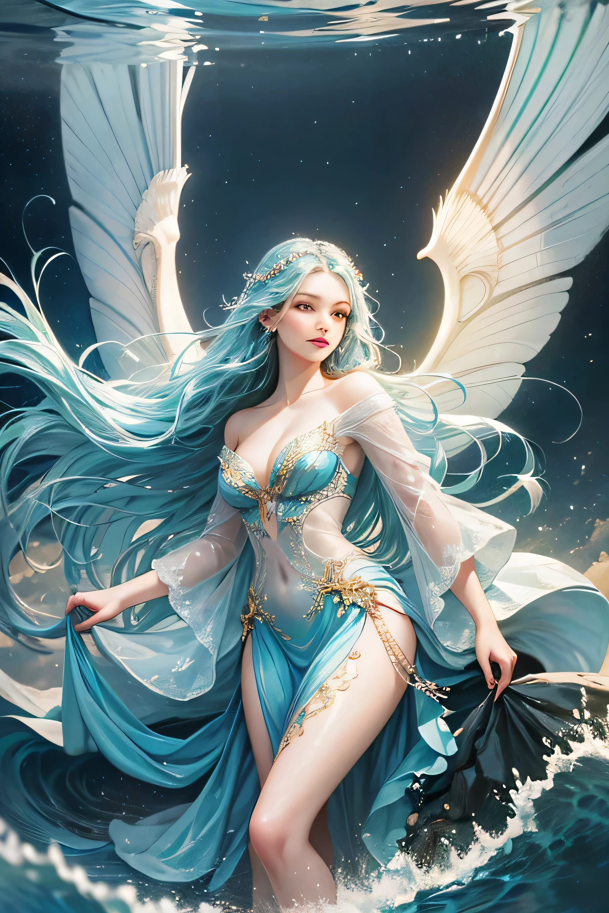"Create a realistic and enchanting digital illustration of a beautiful female fairy with large, ethereal wings that glisten like flowing water. She should be elegantly dressed in a decent gown that reflects the colors and textures of the ocean. Surround her with dynamic waves and gentle ripples that showcase her control over the element of water. Integrate a distinctive water fairy symbol on her body, signifying her role as the keeper of water and waves, and highlighting the profound aquatic power she possesses within."