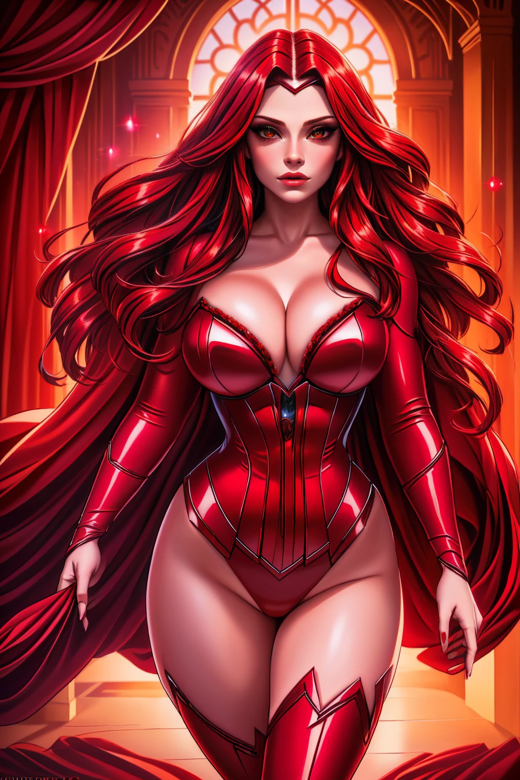 a woman with long crimson hair, wearing a long, intricate corset, beautiful detailed eyes, beautiful detailed lips, extremely detailed face, longeyelashes, elegant pose, graceful movement, breathtaking, detailed and realistic, oil painting, dramatic lighting, warm color palette, cinematic composition, masterpiece, 8k, high quality, Scarlet Witch, (((red eyes)))