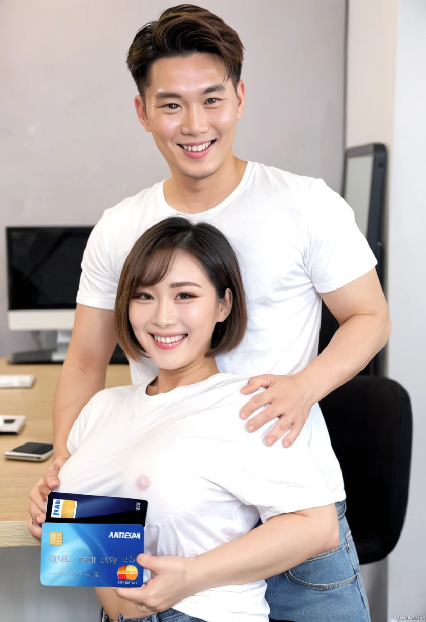AI big breasts_human Asian male性 male wild Short Hair short hair White T-shirt Hug her from behind looking at the camera smile holding credit card