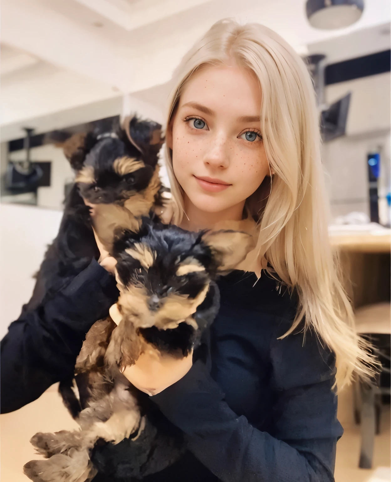 a one woman, americana, age 25, pale skin and freckles, grey-eyed, delicate nose, soft and delicate lips, distant, cabelo blondie distant e ondulado na altura da cintura, Sweet smile, face with delicate feminine facial features, highly rendered