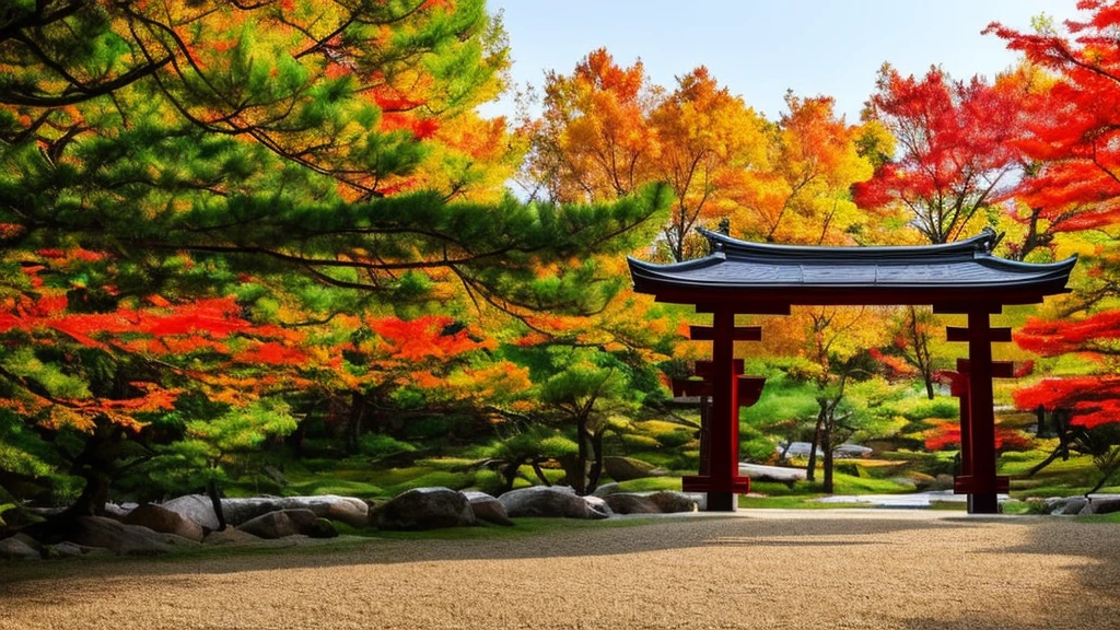 Minimalist, Japanese garden, samurai era, autumn, fall foliage, traditional house, Torii gate, tranquility, serene, ethereal, clean lines.