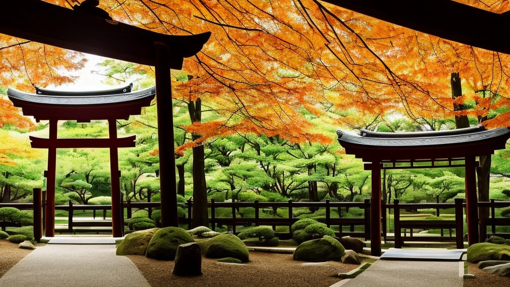 Minimalist, Japanese garden, samurai era, autumn, fall foliage, traditional house, Torii gate, tranquility, serene, ethereal, clean lines.