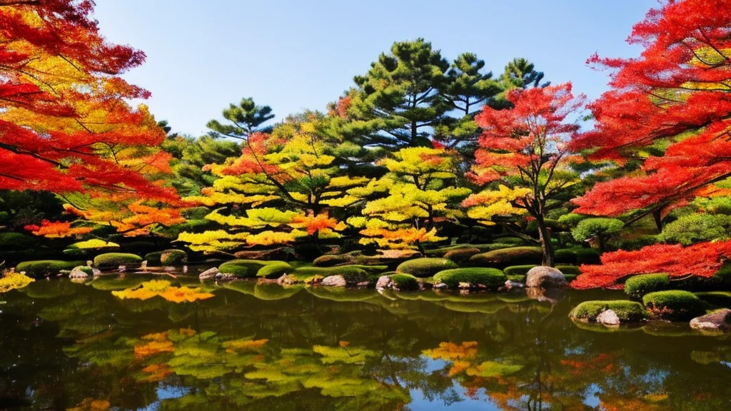 Minimalist, Japanese garden, samurai era, autumn, fall foliage, traditional house, Torii gate, tranquility, serene, ethereal, clean lines.