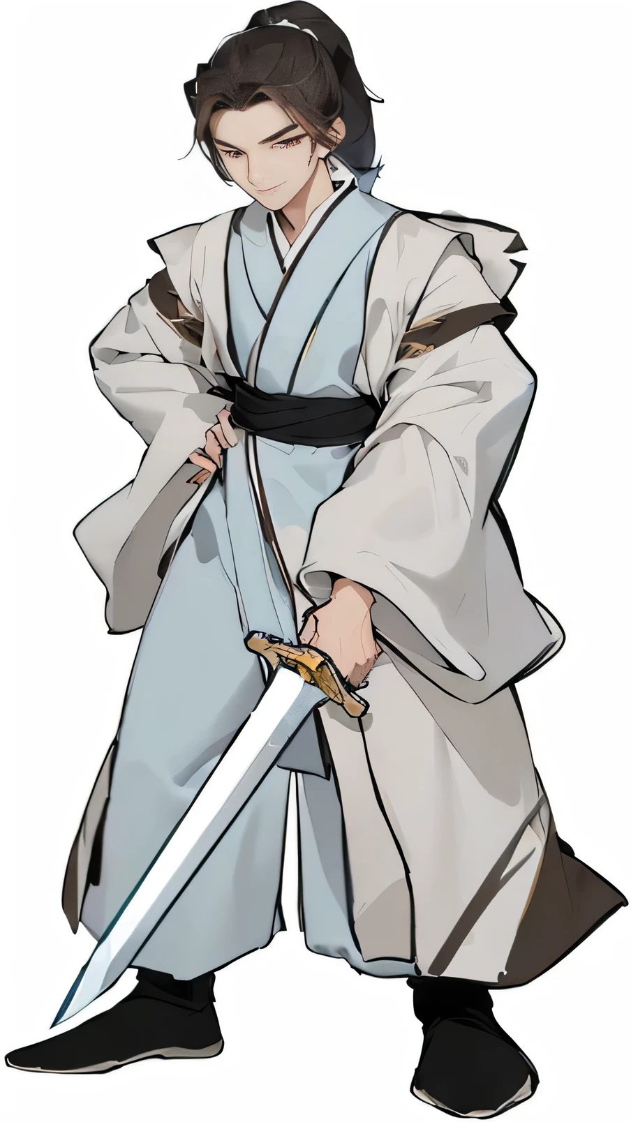 Chinese men,swordsman,Tang Dynasty swordsman,Smirk,Right hand on waist,The left hand holds a sword,Full body standing,Blank Background