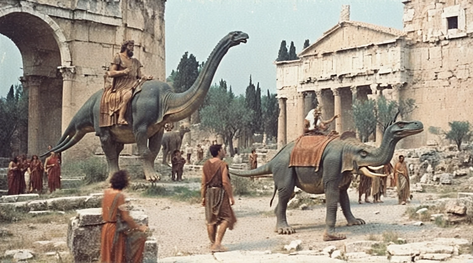 grainy old 35mm vintage, there is a large ancient roman city with dinosaurs and people, Ancient Greece Olympus Zeus-god appearing in god-ray, vast scenery