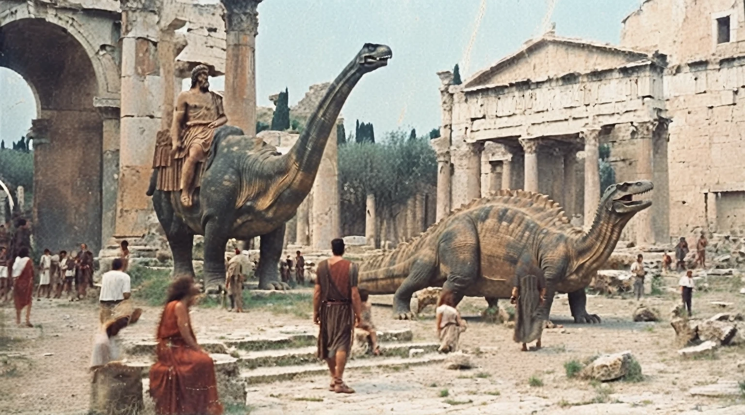 grainy old 35mm vintage, there is a large ancient roman city with dinosaurs and people, Ancient Greece Olympus Zeus-god appearing in god-ray, vast scenery