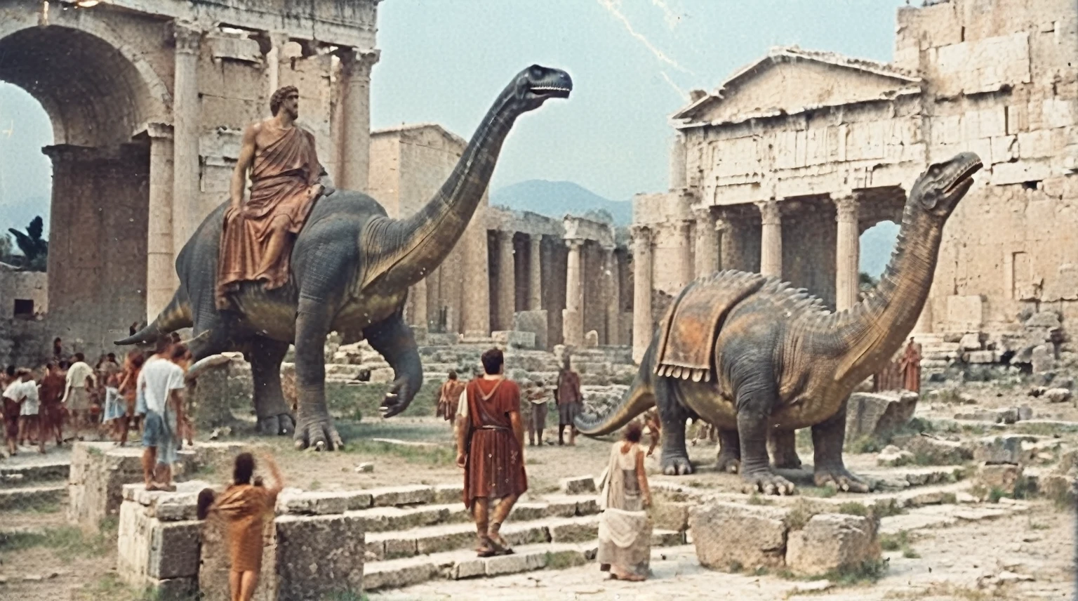 grainy old 35mm vintage, there is a large ancient roman city with dinosaurs and people, Ancient Greece Olympus Zeus-god appearing in god-ray, vast scenery