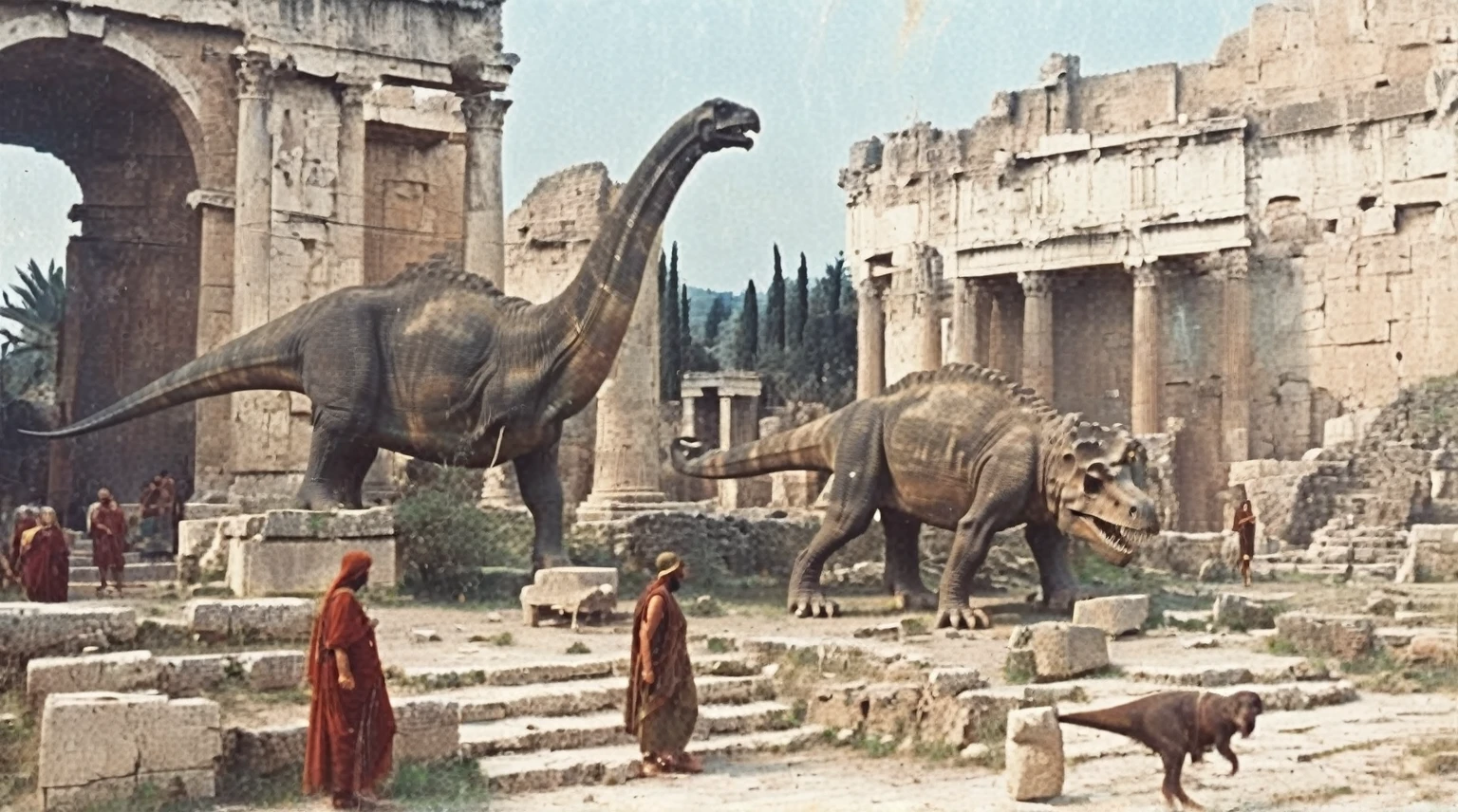 grainy old 35mm vintage, there is a large ancient roman city with dinosaurs and people, Ancient Greece Olympus Zeus-god appearing in god-ray, vast scenery