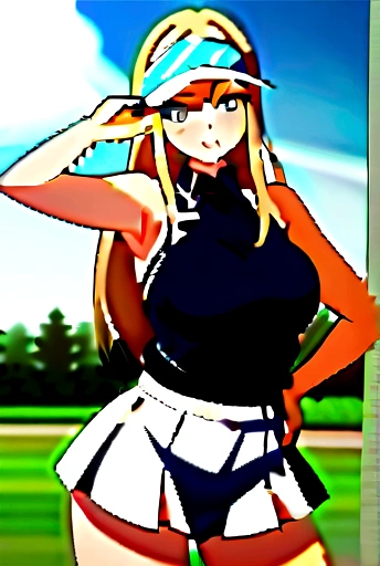 sound　high resolution　8k beauty　Woman playing golf　Golf course　Beautiful woman　Blonde　aggressive　Winning spirit　Namaiki　Golf Wear　mini skirt　smile　　looking at the camera　nice shot　No sleeve　Sun visor　long hair　Professional Golfer　30 years old　Middle age