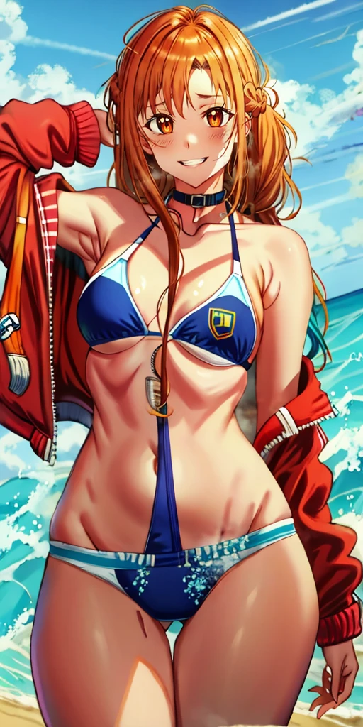 orange hair, fold, braid, long hair, orange eyes, 1girl,swimsuit, jacket, red_jacket, breasts, bikini, navel, ass_visible_through_thighs, looking_at_viewer, o-ring, sky, choker, thigh_gap, outdoors, solo, cloud, day, collarbone, multi-strapped_bikini, black_bikini, bare_shoulders, open_jacket, open_clothes, off_shoulder, cowboy_shot, black_choker, blue_sky, ocean, cleavage, skindentation, lips, medium_breasts, water, stomach, beach, track_jacket, steaming face, steaming,