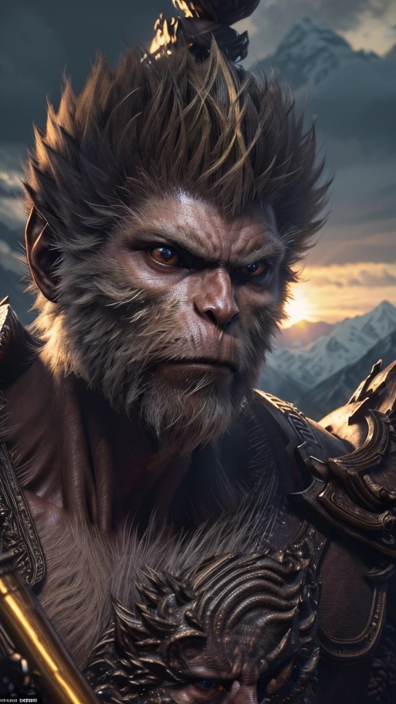 (((best quality))),(((Super detailed))),(((masterpiece))),illustration,wukong \(black myth\) ,determined face,Glowing eyes,golden staff,mountain peak,craggy mountains,Sunlight,Clouds,close up,heroic gesture