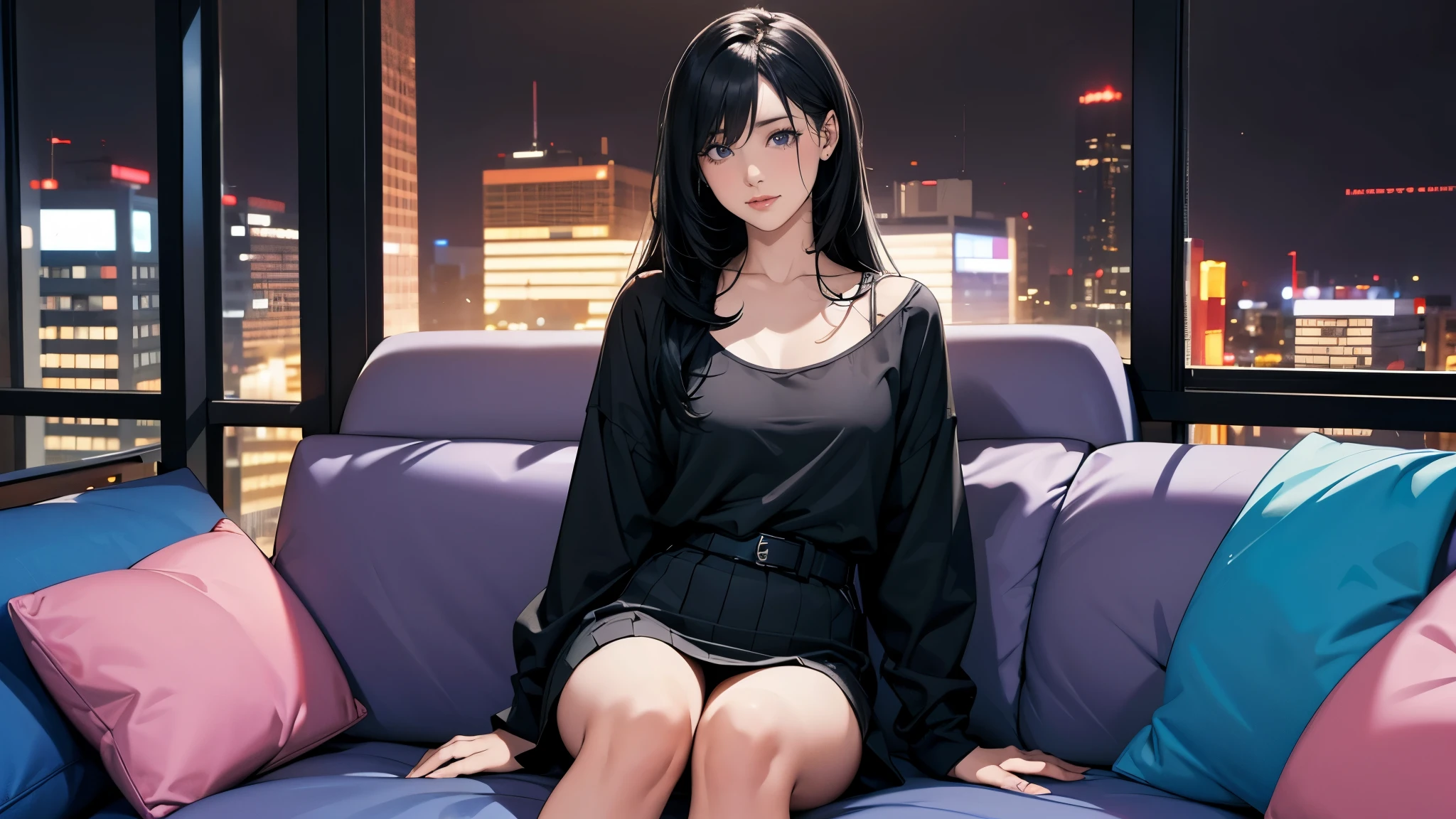 Ultra HD、super high quality、masterpiece、detailed、8K、The location is inside a nightclub late at night.、High school girl on the sofa１Sitting with people、15-year-old high school girl、The high school girl is Russian and has long black hair.、Has blue eyes、She has a flower tattoo and a glamorous figure.、The clothes he's wearing are hip-hop style.、Pretty sexy、Suspicious atmosphere、The room is dimly lit、Gang Organization、Mafia members、Garter belt or stocking on the left leg only