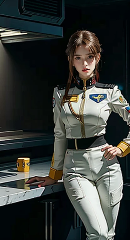 A woman in a uniform posing in the kitchen, Dressed in an astronaut costume, futuristic starship crew member, ポートレート アニメ 宇宙士官候補生 girl, Inspired by Ren Mei, Wearing the RR Diner uniform, White Uniform, Sci-Fi Suit, Cyberpunk 2 0 7 7 jacket worn, Pilot Costume, Smooth white tight clothing suit, Portraiture, Armored Astronaut, girl, Sci-Fi Suit