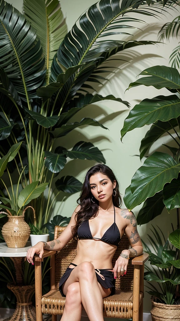 Beautiful Persian woman in the bikini at the beach, model posing,Brightly colored tattoos on arms and legs,a black chair in front of a palm leaf wall mural, tropical palms, palm leaves on the beach, palm lines, palm, tropical leaves, fronds, palm pattern visible, palms, photo - realistic wallpaper, wall mural, interior background, wallpaper on the walls, wallpaper design, palm tree, high-quality wallpaper, tropical foliage, tropical mood, tropical trees,