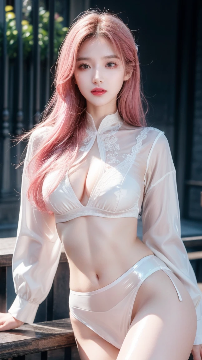 1 girl, Korean model, extremely beautiful, perfect body. Photo taken with Canon EOS R5 85mm f/11 Camera, ((sharp)) mode of people and surrounding scenery. Image quality ((8K)), ((lifelike)), ((masterpiece)), ((sharp and highest contrast)), ((great depth of field)), ((light stereolithography)). ((Pink hair)), long and smooth, the wind blows it beautifully under the bright sunlight. Beautiful face, perfect and sexy, holy, perfectly balanced, ((beautiful in every detail)), ((shiny)), ((high-end cosmetic makeup)), ((shiny bright, radiant)). Bright smile, pure white teeth and details. Seductive glossy red lips, ((brilliant glossy red lipstick)). The eyes are brown, glossy, seductive, ((sharp makeup)), realistic, ((wet eyes)) and detailed. Pink eyeshadow, long eyelashes, blush, high-end cosmetics. Two delicate eyelids, perfectly beautiful and detailed, black eyelashes. Eyebrows are curved, sparse, sharp and detailed. High and detailed nose. Cheeks are prominent and detailed. ((Ivory white, bright white skin)), detailed pores, ((shiny skin)), smooth, rosy, flawless skin texture. Long, shiny legs. Beautiful, perfect hands, ((no flaws)). ((Light shines directly on the face)), bright sunlight, ((shines light on the front part of the girl's body)).
Photo of the girl standing and showing off her figure, ((very thin pink shirt)), ((blue shiny leather skirt)), ((red underwear)). The background of the bar, abstract, suggests a world of sexual desire.