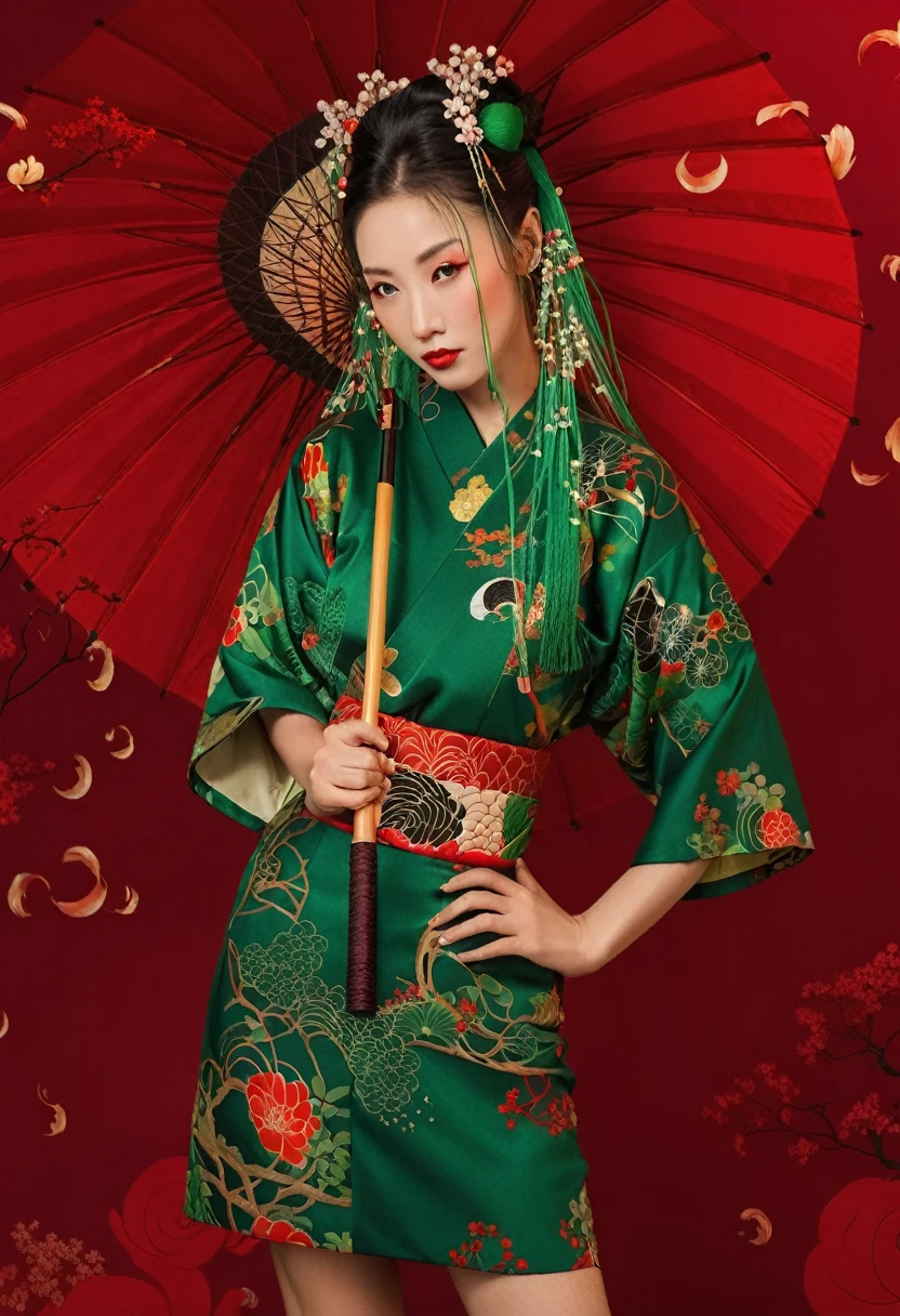 Woman in green dress holding a red umbrella, Japanese style, Exquisite geisha kimono, Chinese Clothing,Chinese礼服, Inspired by the scenery of Xuecun, Chinese, inspired by Jin Nong, Inspired by Lan Ying, Red Kimono, Traditional geisha costumes, Japanese style, Portraits