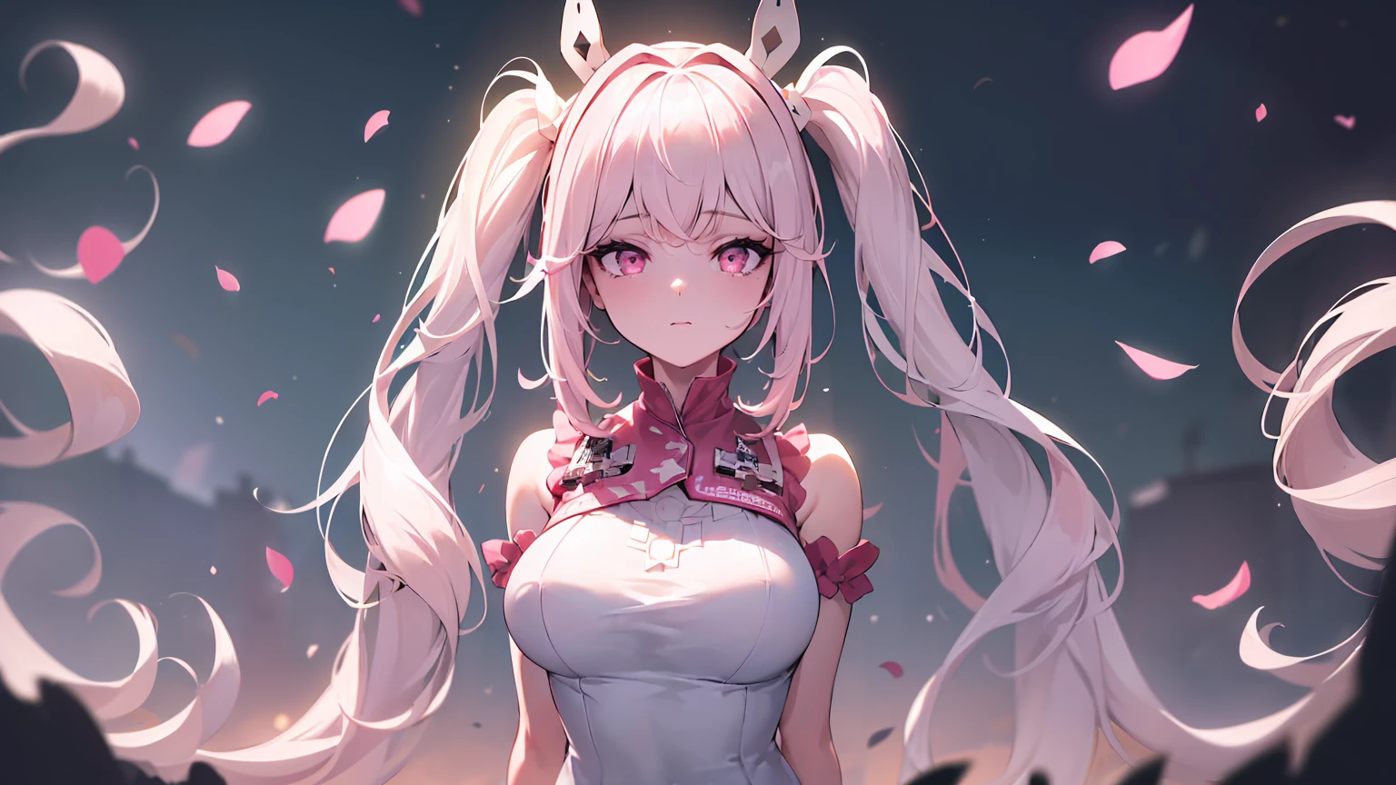 ((((Obra maestra, La mejor calidad, ultrahigh resolution)))), 1girl, standing,), ((long pure pink hair, hair over eye)), long hair cut, shiny skin, ((pink eyes)), glowing_eyes, neon eyes, (ultra detailed eyes:0.7, beautiful and detailed face, detailed eyes:0.9), ((centered)), smirk, facing viewer, ((vibrant background, dark lighting, summer, sunlight)), large chested, looking at viewer, ((half closed eyes)), ((perfect hands)), (((head:1, arms, hips in view, elbows, in view))), ((hands behind back)), empty eyes, beautiful lighting, ((outside, outdoors)), defined subject, head tilt, (((gritty)), ((creepy)), ((cool)), ((beautiful)), (((SFW))), hair ornament, petals in the air, moon in the sky, city, mature woman, adult woman, sfw, pink and white dress, night dress, bunny ears, she is a princess