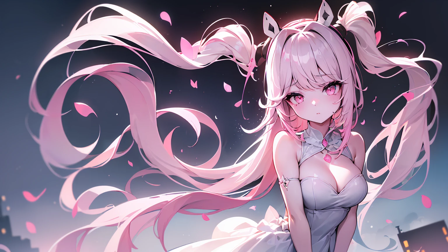 ((((Obra maestra, La mejor calidad, ultrahigh resolution)))), 1girl, standing,), ((long pure pink hair, hair over eye)), long hair cut, shiny skin, ((pink eyes)), glowing_eyes, neon eyes, (ultra detailed eyes:0.7, beautiful and detailed face, detailed eyes:0.9), ((centered)), smirk, facing viewer, ((vibrant background, dark lighting, summer, sunlight)), large chested, looking at viewer, ((half closed eyes)), ((perfect hands)), (((head:1, arms, hips in view, elbows, in view))), ((hands behind back)), empty eyes, beautiful lighting, ((outside, outdoors)), defined subject, head tilt, (((gritty)), ((creepy)), ((cool)), ((beautiful)), (((SFW))), hair ornament, petals in the air, moon in the sky, city, mature woman, adult woman, sfw, pink and white dress, night dress, bunny ears, she is a princess