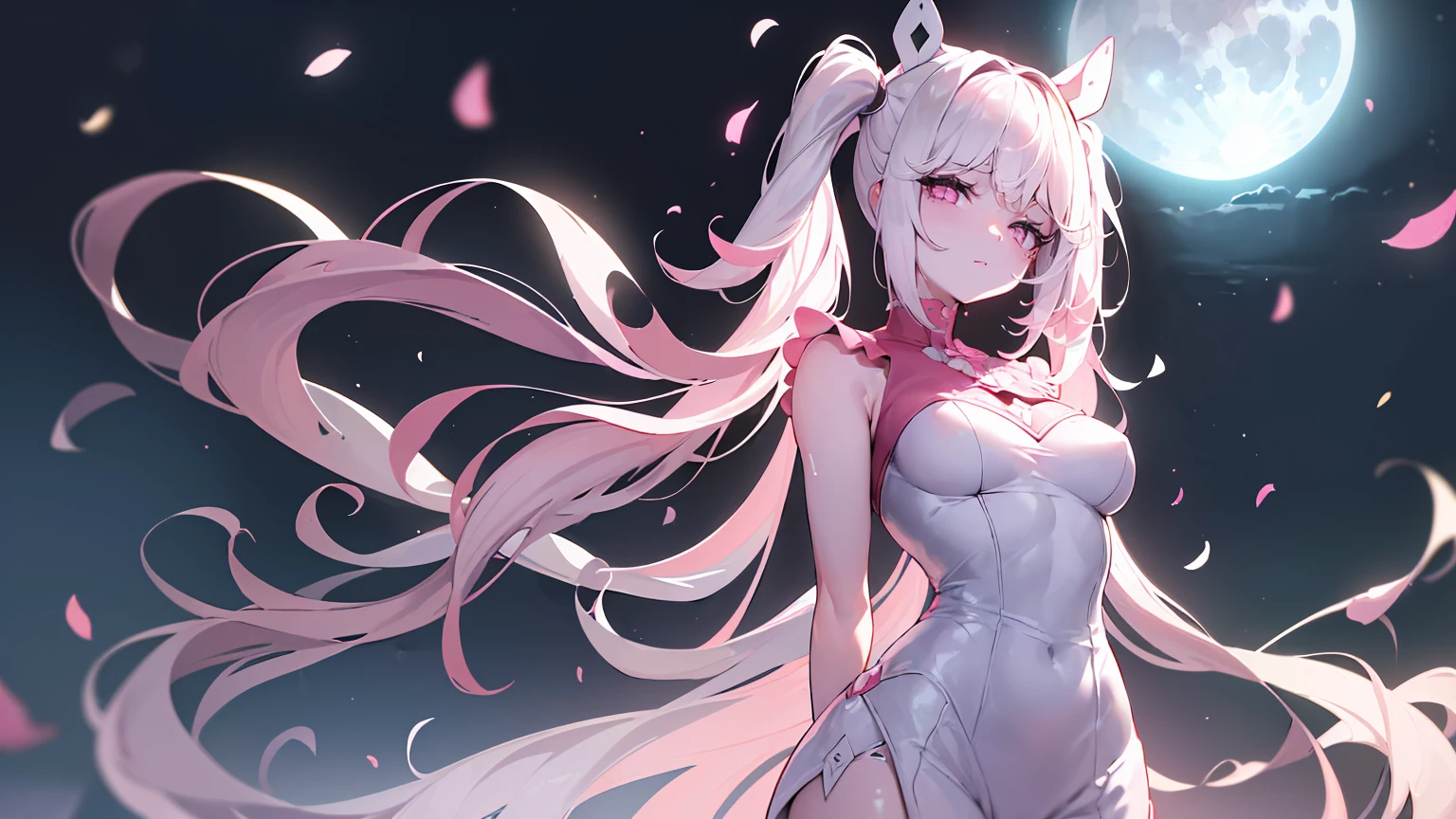 Creating an illustration of a woman, white cat ear, long white twintails, purple cat eyes, Tanned skin, big breasts, She is happy and smiling, She has claws on her fingertips, She has a white cat's tail, She is wearing a little black crop top and a black mini skirt, She is having fun in a flower field.