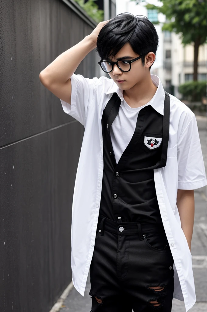 Boy, black cat-eared hair, wearing black glasses, white school shirt, Anime ripped black pants 