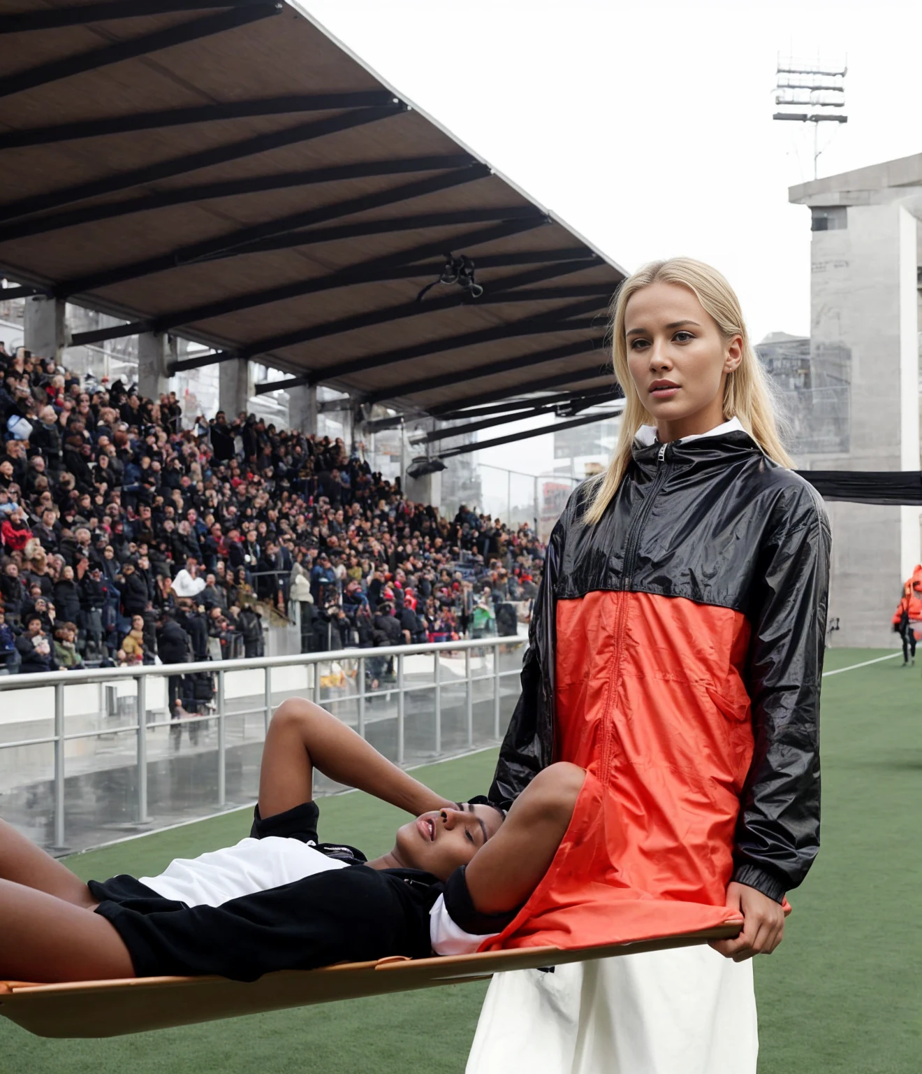 📷, soccer accident, sports injury, soccer match in a crowded stadium, injury scene, there is a sportsman in matte cotton sportswear lying injured on a stretcher, there is an injured sportsman in matte cotton sportswear lying on his side on a stretcher with a bandaged ellbow, an injured sportsman in matte cotton sportswear is lying on his side on a strecher being carried by an extrovert blond woman in a high shine long moncler coat, an injured sportsman is writhing in ecstasy on a stretcher while lying on his side, dramatic pity pose, there is a blond shouting and crying woman in a high-shine puffy coat, a high-shine black down coat, a long black moncler coat, a wetlook down coat, a wet black laquered coat, a excited screaming blond woman is wearing a wetlook black latex-coat, injured, medic, soccer action pose, affection pose, lecherous action pose, dramatic action pose, theatralic pose, there is an attractive woman that is carrying a sportsman in matte cotton sportswear, there is a beautiful woman in a shiny coat who is carrying a man on a stretcher, a longhaired beautiful woman in a high-shine black puffy coat, a longhaired woman in a shiny downcoat, a woman is carrying a shorthaired man in matte cotton sportswear on a stretcher, a weak man in spots shorts is consciousless and needs to be carried, a shorthaired man with a bandaged ellbow is carried away on a stretcher, a woman looks very scared and terrified, a sportsman in matte cotton sportswear is suffering very much on a stretcher, photo, photo shoot, photographed , accident, help, aid, first aid, pity