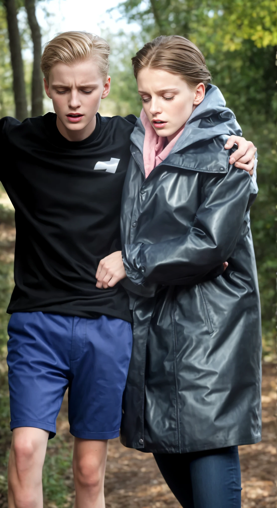 he is really collapsing with pain, he is really fainting, she is holding him up, he is hanging on her shoulder, they are standing very close together, his hand is lying on her shoulder, arm-in-arm, she has her hand around his waist, she is wearing shiny leather pants, she is grabbing his waist, a man in a white tanktop, a shorthaired blond man, a girl in shiny leather pants, a shorthaired blond man in a white tanktop, a brownhaired woman with a very desperate  expression, a brownhaired woman in a high shine blue and red nylon-coat, there is a young couple standing arm-in-arm, there is a brownhaired attractive woman wearing a high-shine nylon-coat, a wetlook nylon-coat, a brownhaired woman is crying with sorrow, a brownhaired woman is holding an injured shorthaired boy, there is a boy in jeans and tanktop hugging a brownhaired woman that is wearing a very shiny padded laquered coat, a shorthaired blond boy has a painful face and cannot walk, there is a brownhaired girl giving support to an injured shorthaired boy, a wounded blond and shorthaired boy cannot walk and has to be supported by a girl, he grabs her shoulder, he has his arm around her shoulder, his hand is on her shouder, a sad looking girl ia carrying a wounded boy, masterpiece, jeans, boy in a white cotton tanktop, super detailed background, detailed face, brown eyes, crying out, tears, desperation, pain, agony, accident pose, dramatic suffering pose, hands detailed hands