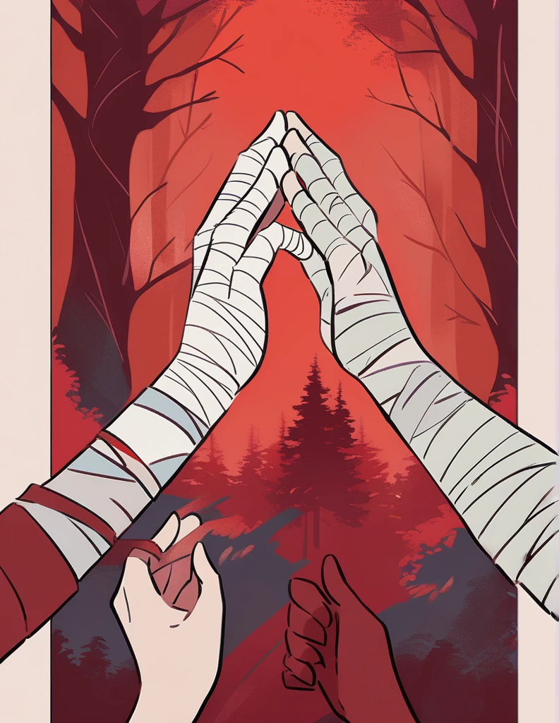 two hands together holding a bandaged male hand and a female hand, on a red forest background