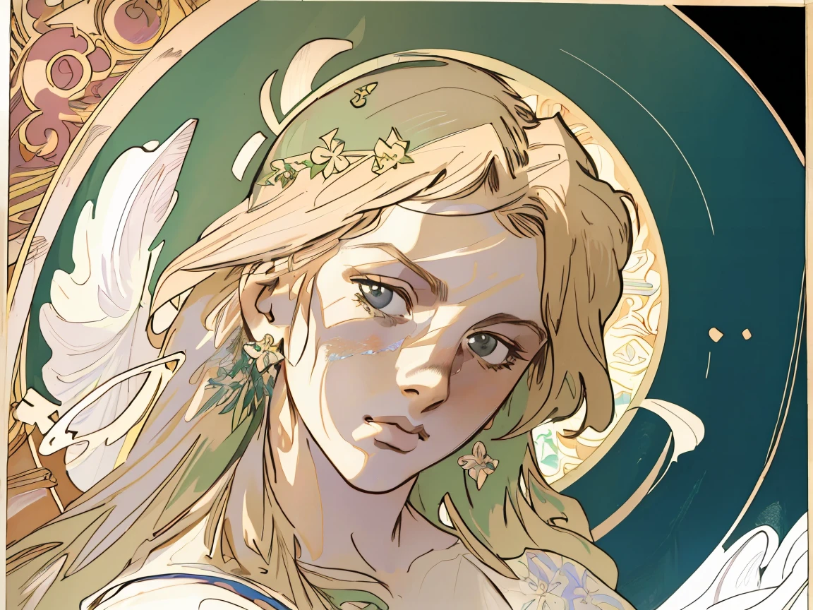 face portrait of a guitarist , holy virgin mary, heavenly sky, half body, ((divine light)), ethereal, floral frame, Decorative panels, abstract artistic, by Alphonse Mucha (Masterpiece, Best Quality, Highres:1.4), Detailed, Intricate Details, 4K, color splashes, line art, fibonacci,