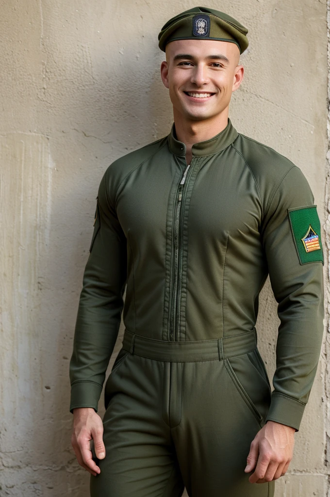 ((8k ((best quality)), ((masterpiece)), (very detailed), real face bald male muscular male full body wear soldiers suit  green cap stand by wall  smiling