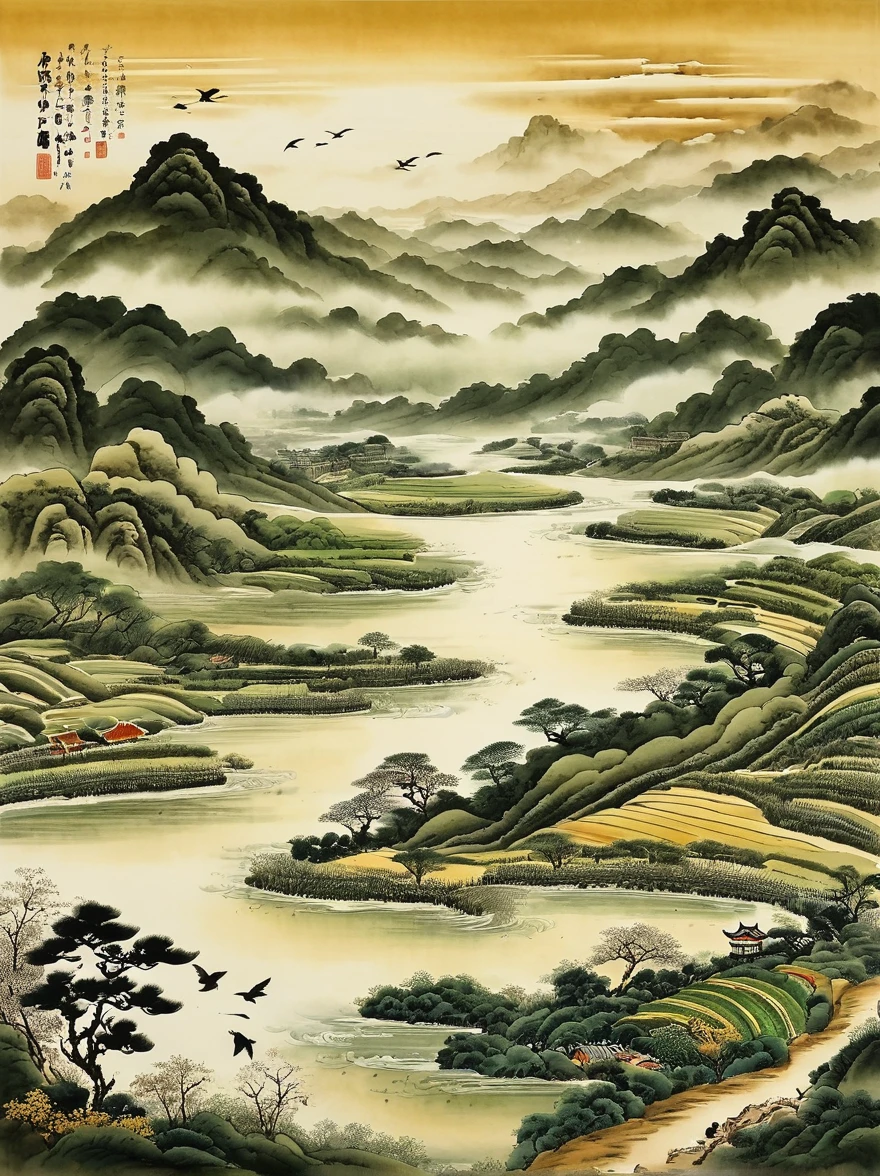 Very detailed,Chinese ink painting style,There are vegetables on the land,There are several lands。Distant River、grassland,Mountains in the distance,Birds circling in the sky