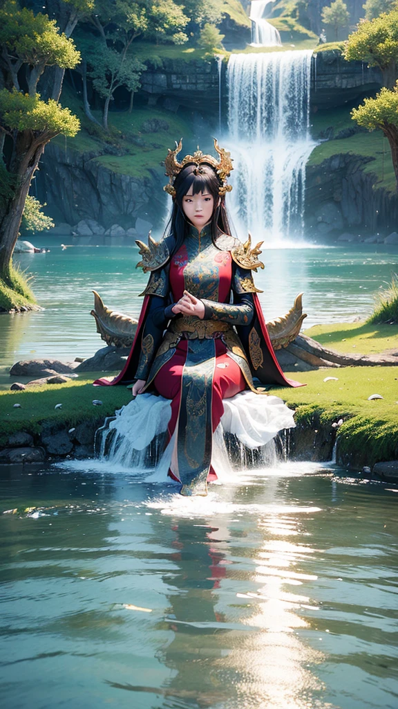 A girl touch the dragon head at the lake、the dragon kneel infront of her. Super hyper-realistic 8k photo, fantasy art design